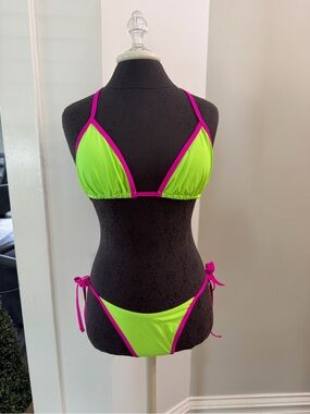 Summer Bright Neon Lime & Hot Pink Bikini triangle Women Swim size L Adjustable
